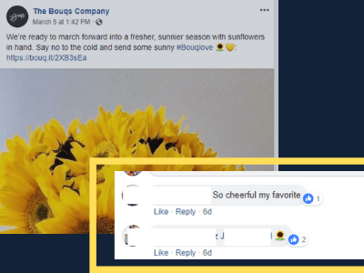 Screenshot of a social media post by The Bouqs Company featuring a bouquet of bright yellow sunflowers with a caption about moving forward to a sunnier season and a link. Two user interactions are visible, one expressing that sunflowers are their favorite and another with a smiley face emoji.