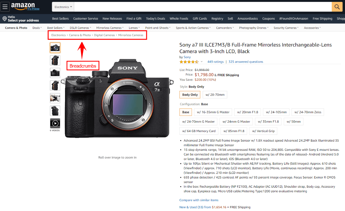 Breadcrumb links on an Amazon listing for a mirrorless Sony camera