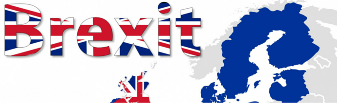 The word 'Brexit' styled in the Union Jack pattern with a blue highlighted map of the United Kingdom in the background, symbolizing the UK's departure from the EU.