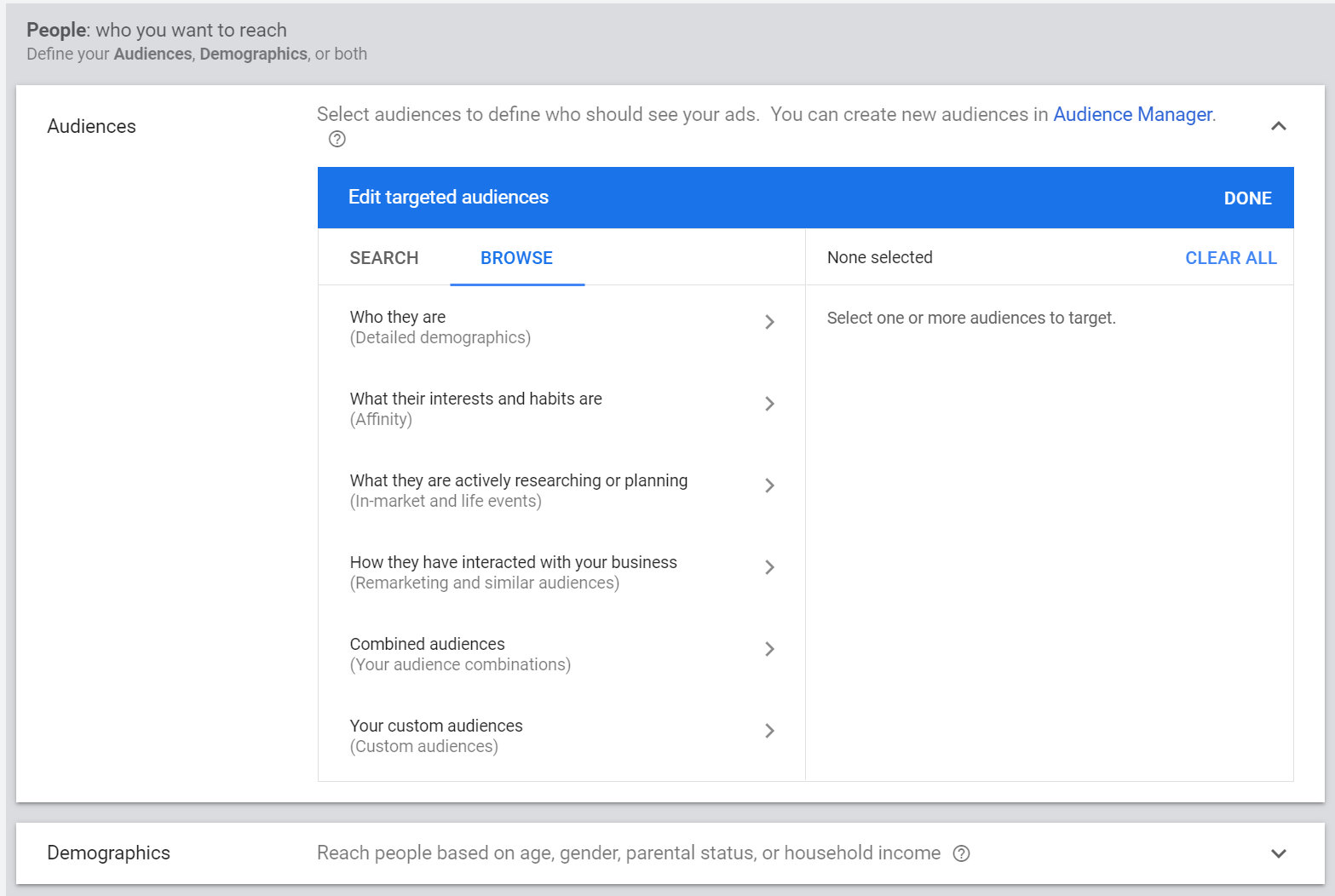 Choosing your specific remarketing list menu