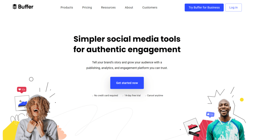 Buffer's homepage with a navigation menu, a headline about social media tools, a 'Get started now' button, and illustrations of a joyful woman and man with social media icons indicating likes and sold-out status.