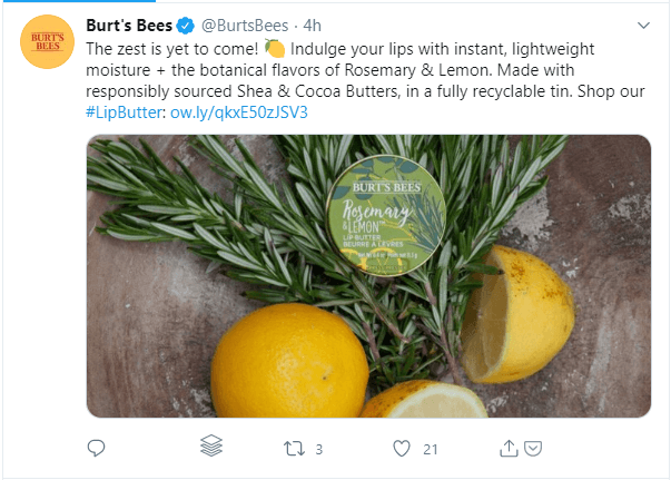 Promotional image for Burt's Bees Rosemary & Lemon Lip Butter. The product is placed on a rustic surface surrounded by fresh rosemary sprigs and lemon halves, highlighting the natural ingredients.