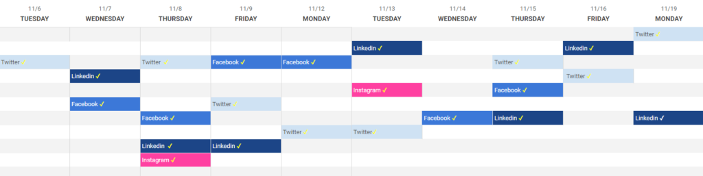 A two-week social media content calendar with scheduled posts for Twitter, LinkedIn, Facebook, and Instagram. Each platform is color-coded and checkmarks indicate completed posts.