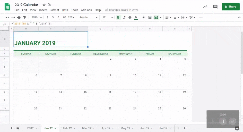 Screenshot of a spreadsheet application displaying a calendar for January 2019 with days of the week and dates. Additional monthly tabs for the year 2019 are visible at the bottom.