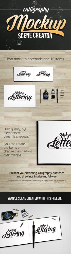 Advertisement for a calligraphy mockup scene creator featuring two notepads with 'Sample Lettering' and calligraphy tools on a wooden surface, highlighting the product's high-quality elements with dynamic shadows suitable for showcasing lettering and sketches.