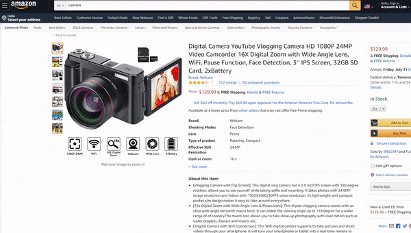 Amazon listing for a camera with suggestions based on what other people purchased