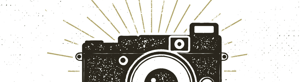 Stylized illustration of a vintage camera with rays of light emanating from the flash, indicating a photo being taken, with a grunge texture overlay.