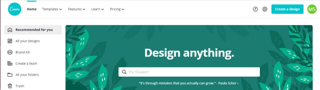 Canva home page