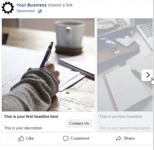 A Facebook carousel ad mock-up featuring someone writing, a laptop and notebook, and a stack of multicolored pencils.