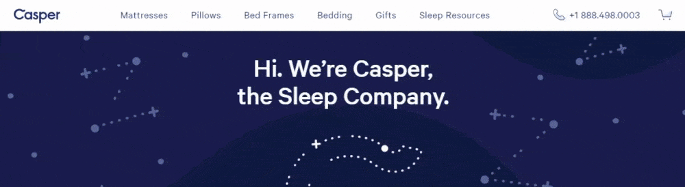 Header of the Casper website with a dark blue background featuring constellation patterns, displaying the text 'Hi. We're Casper, the Sleep Company.' and a navigation bar with various product categories and a contact phone number.