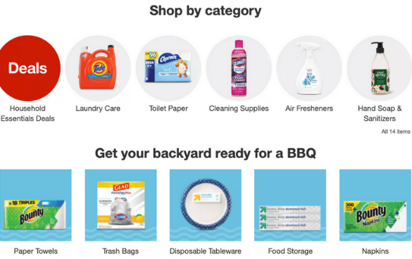 Categories listed on Target's website