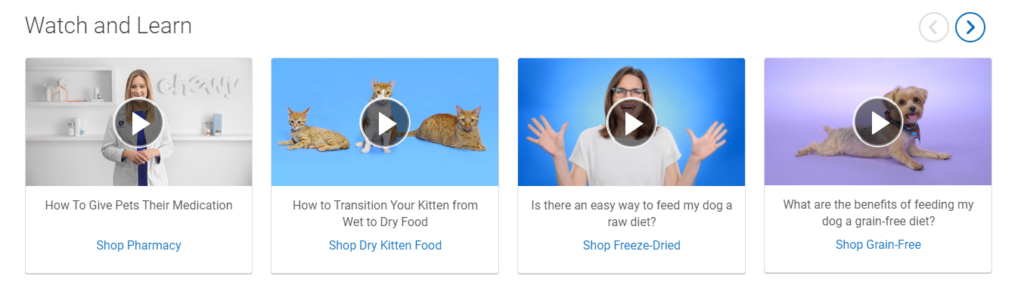 A series of four video thumbnails with play buttons, featuring pet care topics: a woman presenting medication tips, a kitten with advice on transitioning to dry food, a woman discussing raw diets for dogs, and a small dog with information on grain-free diets.