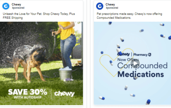 Two sponsored advertisements by Chewy. The left ad shows a person in a yellow top and blue jeans bathing a German Shepherd with a hose, promoting pet products with a 'SAVE 30% with AUTOSHIP' offer. The right ad features the text 'Chewy Pharmacy Now Offers Compounded Medications' surrounded by floating pills and capsules, indicating a service for customized pet medications.