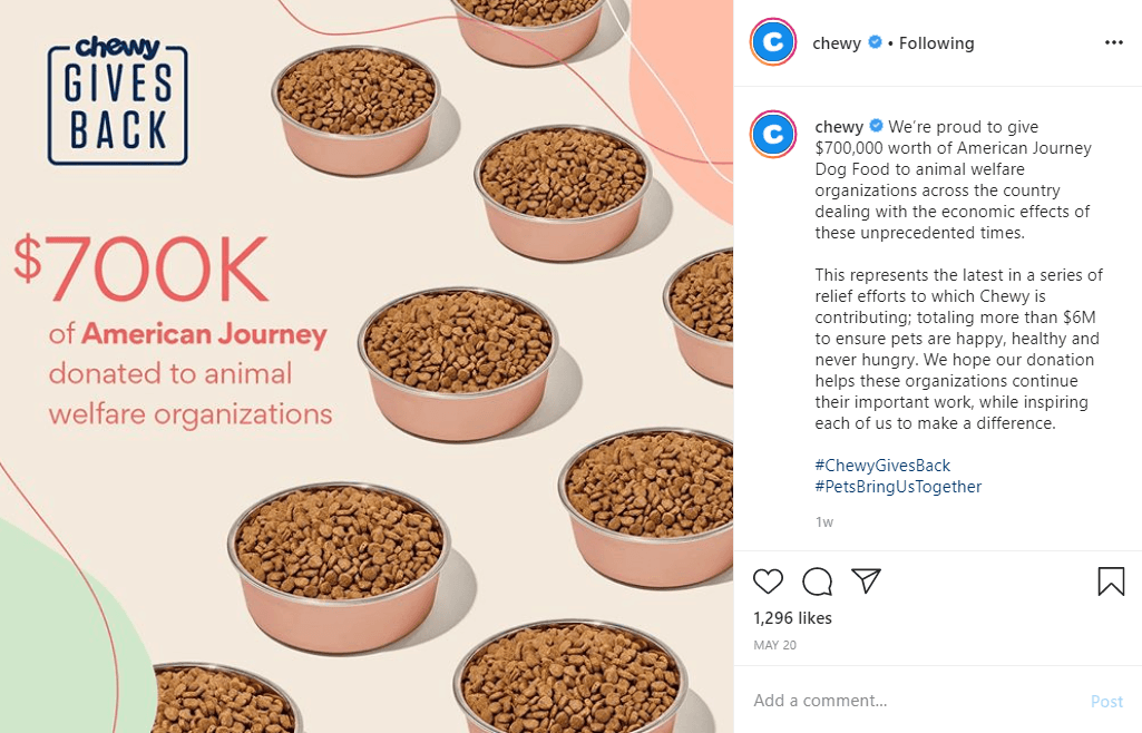 Graphic with multiple bowls of dog food and text announcing Chewy's donation of $700K of American Journey Dog Food to animal welfare organizations, accompanied by an Instagram caption detailing the donation and relief efforts.