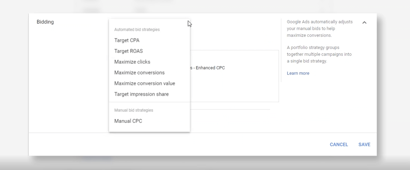 A drop down menu featuring different smart bidding options