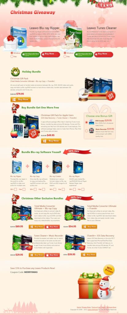 Promotional advertisement for Leawo Software's Christmas giveaway featuring discounts on software products like Blu-ray Ripper and Tunes Cleaner, holiday bundles, and a coupon code MERRYXMAS for additional savings, with Christmas-themed graphics.