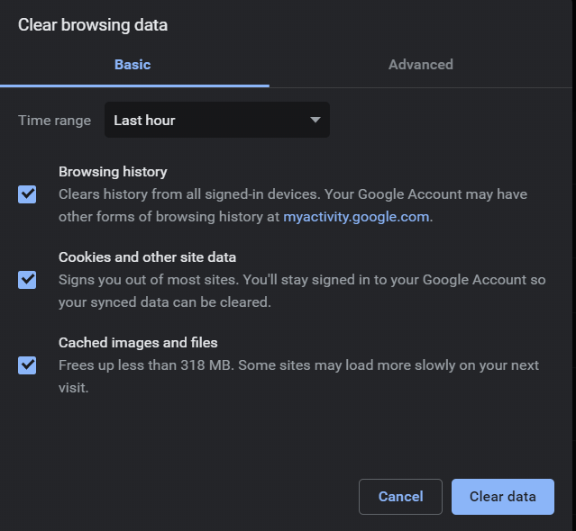 User interface for clearing browsing data with options for Browsing history, Cookies and other site data, and Cached images and files selected. Time range is set to Last hour, with Cancel and Clear data buttons at the bottom.