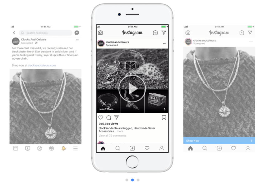 Three smartphone screens displaying sponsored social media ads from Clocks And Colours on Facebook and Instagram, featuring a pendant necklace and other jewelry items.