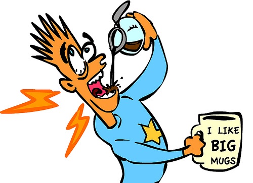 Cartoon character with spiky hair pouring coffee into their mouth from a pot, with a shocked expression and lightning bolts around the head, wearing a blue pajama top with a star and holding a mug that says 'I LIKE BIG MUGS'.