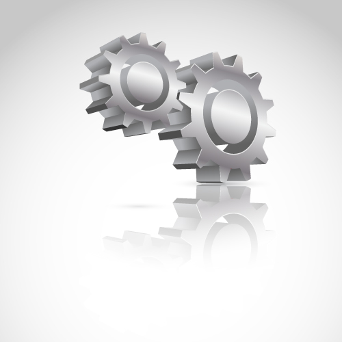 Two metallic gears interlocking on a gradient background with a reflection beneath.