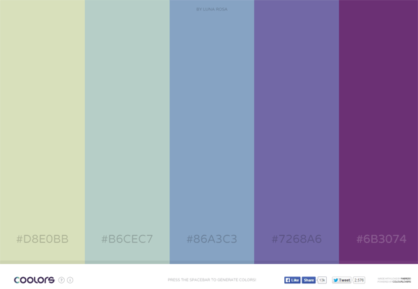 A color palette featuring five pastel shades with their hexadecimal codes, from pale greenish-yellow to deep mauve, created by Luna Rosa, with the Coolors logo and a prompt to generate colors by pressing the spacebar.