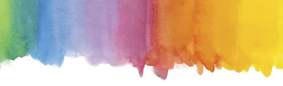 A watercolor rainbow gradient with drips blending from green, blue, purple, pink, orange to yellow on a white background.