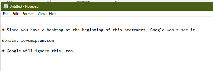 A screenshot of an open Notepad application with text discussing how Google ignores lines starting with hashtags, and an example domain 'loremipsum.com'.