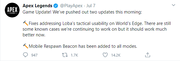 A social post by Apex Legends about their game updates