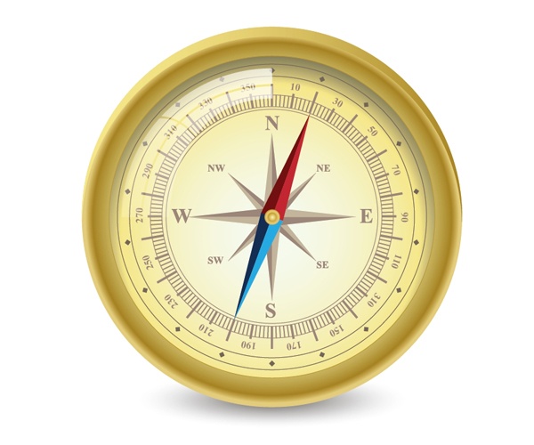 Illustration of a classic compass with a gold casing and a cream-colored face showing cardinal and intermediate directions, with a red and blue needle.