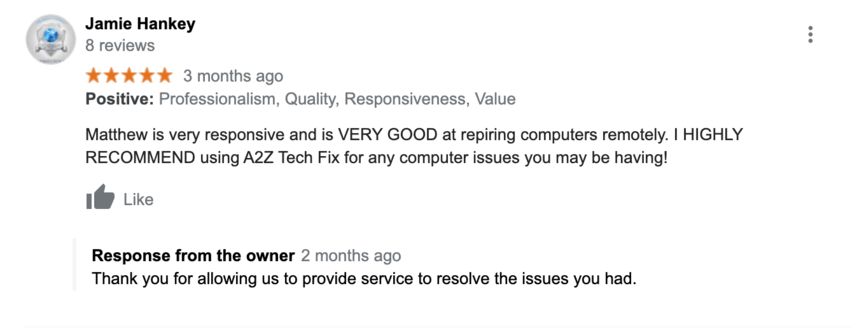 computer repair shop google my business review response