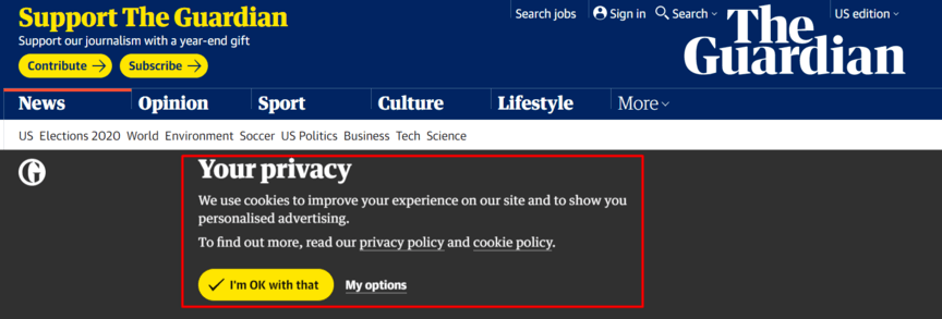 Screenshot of The Guardian's website displaying a privacy notice about cookie usage with options to accept or manage settings, and the website's main navigation menu.