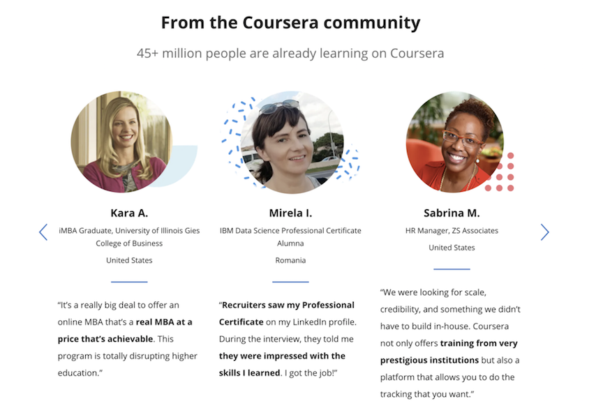 Testimonials on Coursera's website