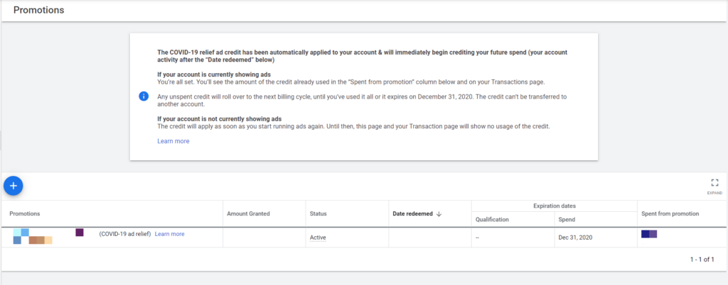 Screenshot of an advertising platform's promotions page showing a COVID-19 relief ad credit with details on usage and expiration, and a table listing the credit's status as active with related information.