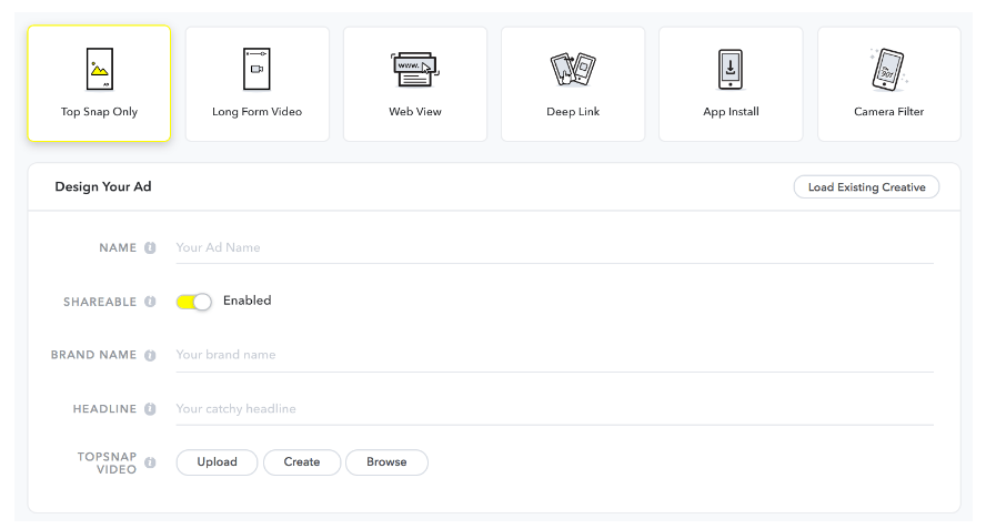 The dashboard for creating a Snapchat ad