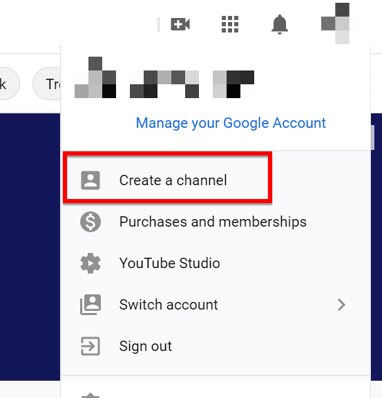 The "Create a Channel" option on YouTube