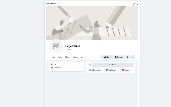 Wireframe mockup of a social media profile page with designated areas for cover photo, profile picture, page information, navigation tabs, interaction buttons, and post creation options.