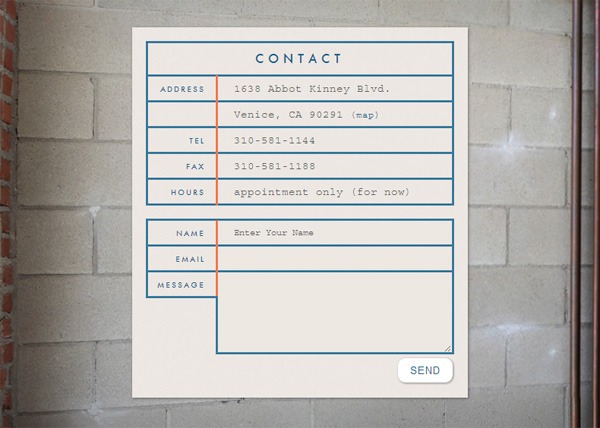 Stylized contact form on a brick wall background with fields for address, phone, fax, hours, name, email, and message, with a 'SEND' button at the bottom.