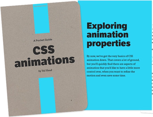 Book cover of 'CSS animations: A Pocket Guide' by Val Head on the left, and an excerpt from the book discussing animation properties on a bright blue page on the right.