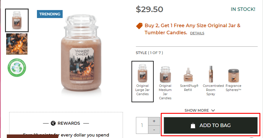 Yankee Candle product page featuring a 'Revere Nights' large jar candle priced at $29.50 with a 'Buy 2, Get 1 Free' offer, quantity selector, and an 'ADD TO BAG' button.