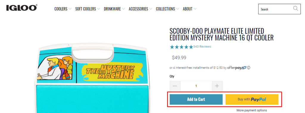 SCOOBY-DOO themed cooler designed like the Mystery Machine with characters visible, priced at $49.99 with options to add to cart or buy with PayPal on the IGLOO website.