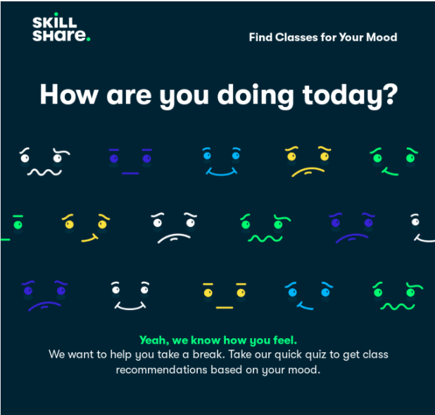 Promotional graphic for Skillshare featuring the question 'How are you doing today?' with a grid of emoticon-style faces in different expressions and colors, followed by text encouraging to take a quiz for class recommendations based on mood.