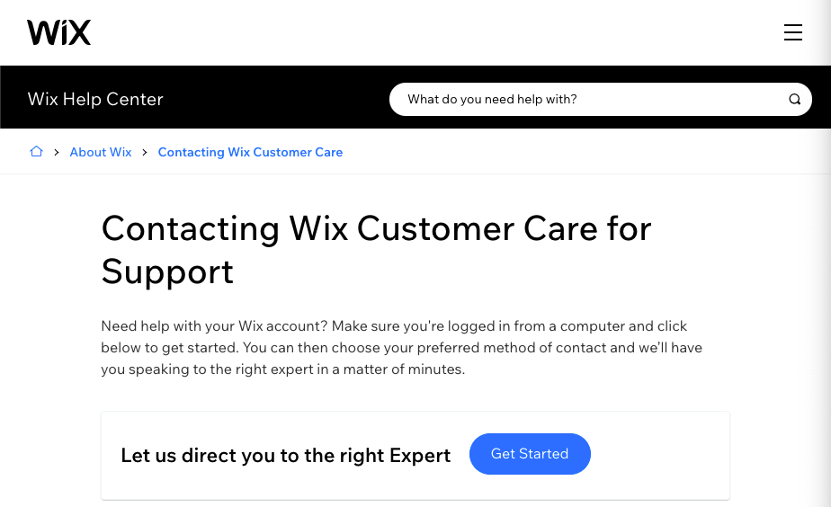 Customer support page for Wix