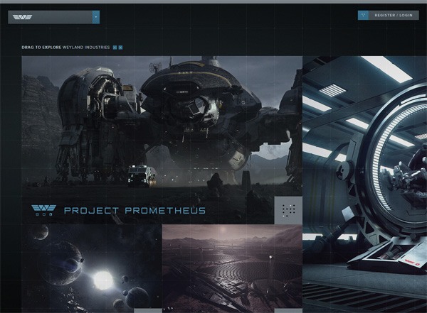 Collage of science fiction scenes related to Project Prometheus, including a futuristic structure on a barren landscape, a high-tech facility interior, a view from space with a planet, and a structured alien landscape.