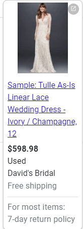 Google Shopping ad for a used bridal gown from David's Bridal