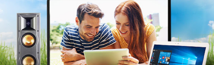 A collage of three images: a black floor-standing speaker on the left, a smiling man and woman looking at a tablet in the center, and a laptop with Windows 10 on the screen to the right.