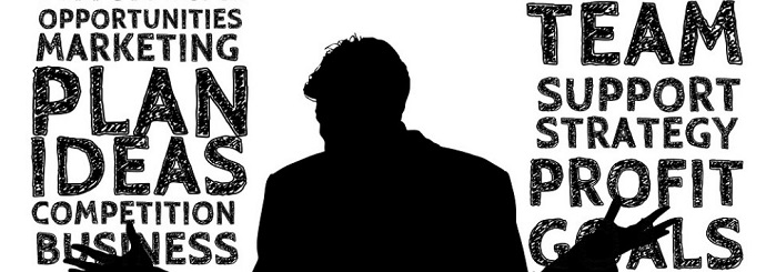 Silhouette of a person's profile with business and teamwork related words such as OPPORTUNITIES, MARKETING, PLAN, IDEAS, COMPETITION, BUSINESS, TEAM, SUPPORT, STRATEGY, PROFIT, and GOALS surrounding it.