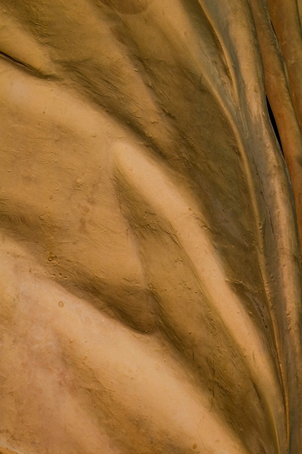 Close-up of a beige marble sculpture with dark veins, depicting the texture and details that resemble draped fabric.