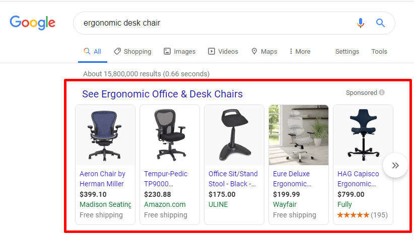 Google Shopping ads for ergonomic desk chairs