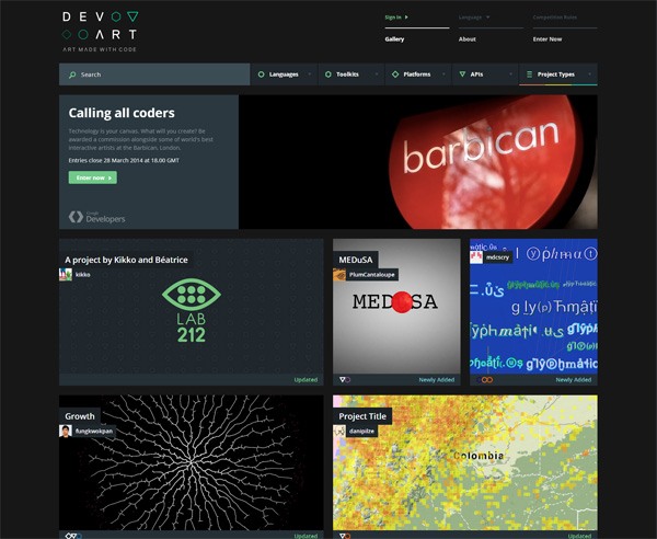 Screenshot of the DEVO ART website, a platform for code-based art, featuring a navigation bar, search options, a call-to-action for coders, and thumbnails of various art projects.