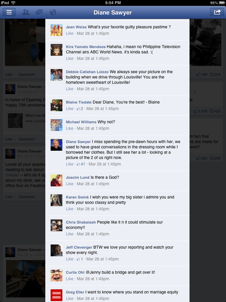 diane sawyer live q and a facebook threaded comments on iPad